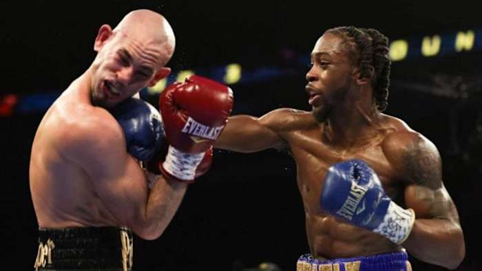 Keyshawn Davis punches Jose Pedraza during their lightweight bout at Michelob ULTRA Arena in Las Vegas. Keyshawn Davis prepared to visit UK to face Adam Azim. JAMIE SQUIRE/GETTY IMAGES.